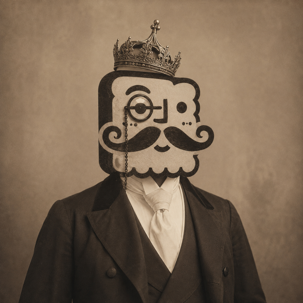 Formal 1880s sepia portrait of His Royal Excellence, Sir Bluffton Moxley Palmetto, crown at a slight angle