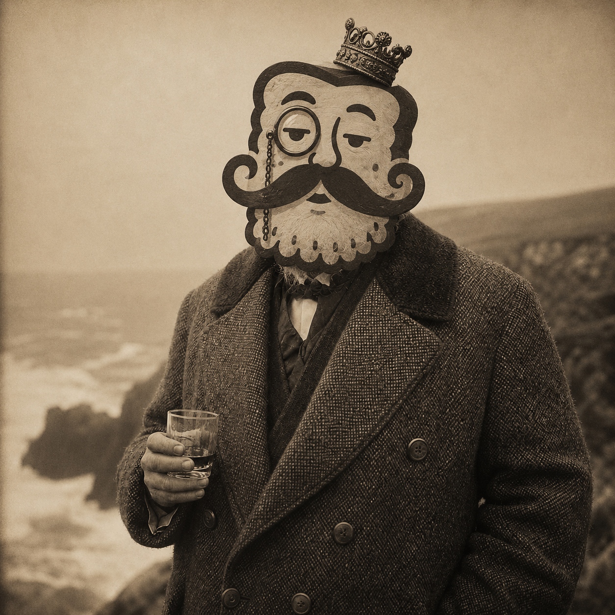 His Royal Excellence on a windswept Scottish coastline, whiskey in hand