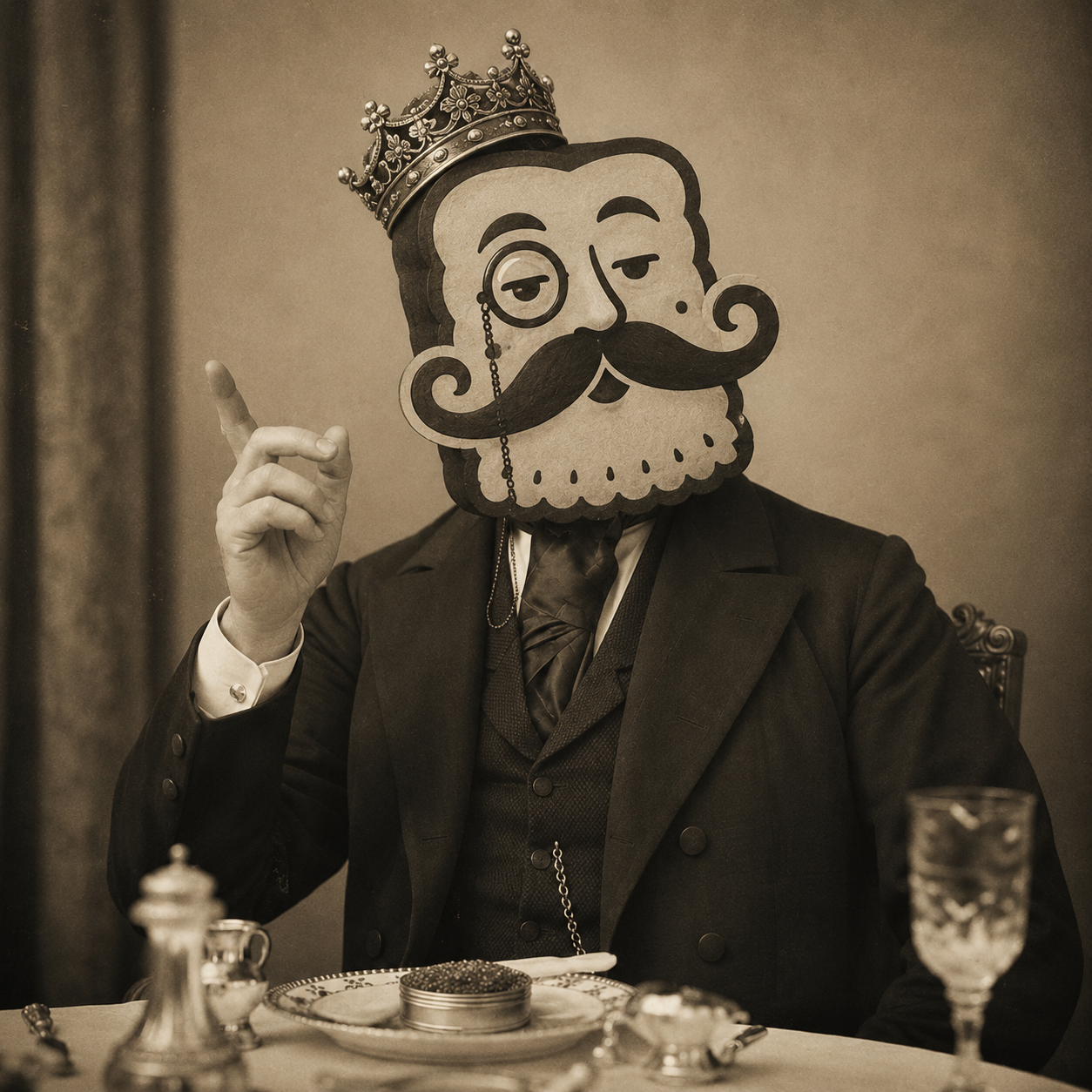 His Royal Excellence at a formal table with a tin of caviar and a mother-of-pearl spoon