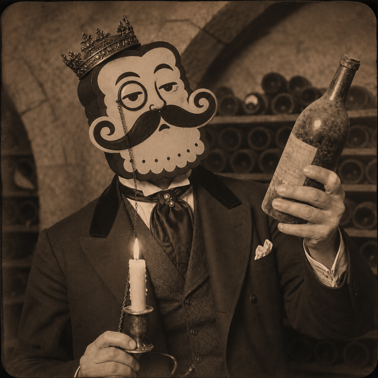 His Royal Excellence in a dim wine cellar, examining a dusty bottle by candlelight
