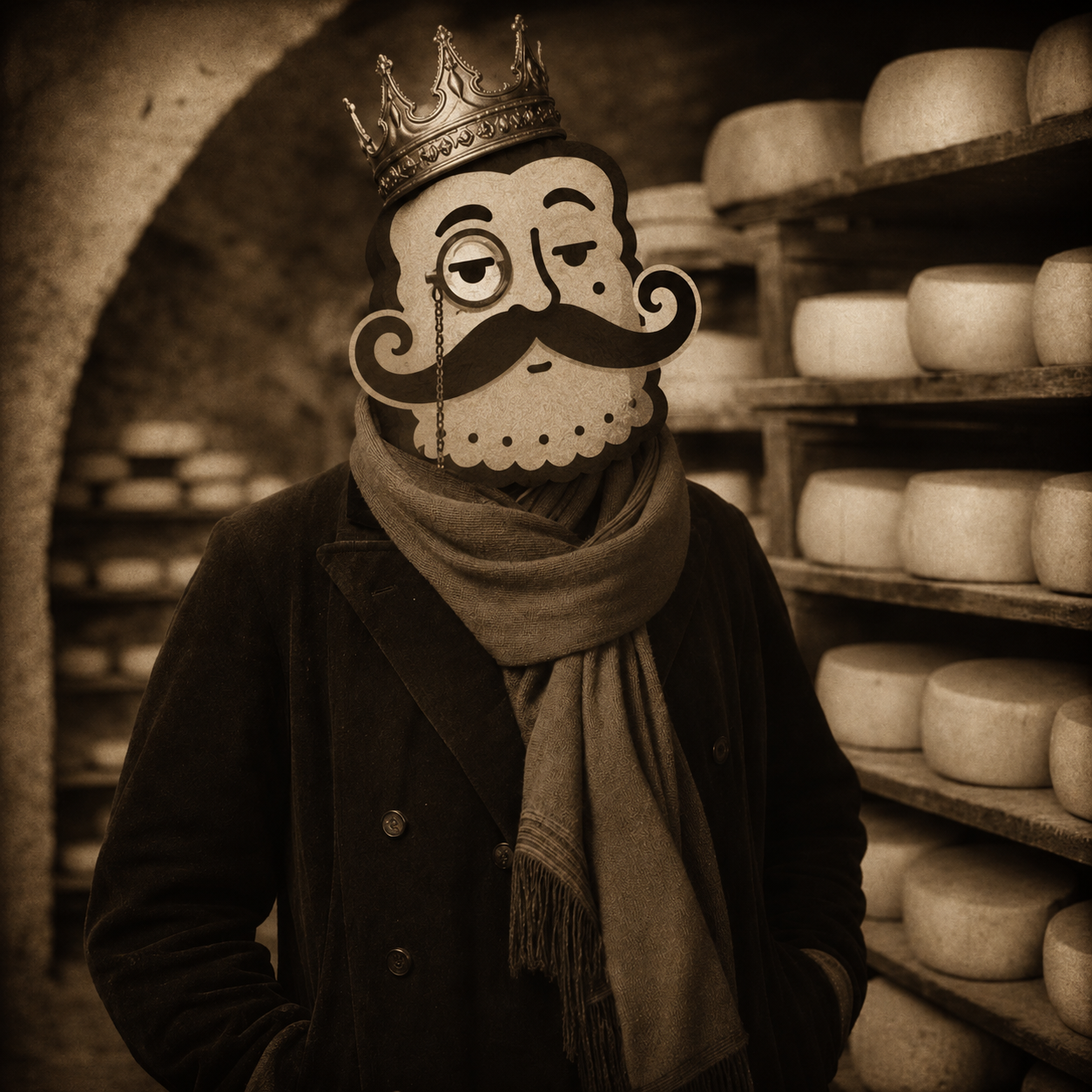 His Royal Excellence in a cheese aging cave, wrapped in a scarf and visibly aggrieved